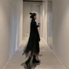 Set: Side-slit Turtle-neck Long Sweater + Mesh Midi A-line Skirt