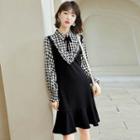 Long-sleeve Ruffle Trim Houndstooth Panel Dress