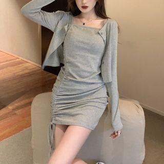 Set: Spaghetti Strap Plain Mini Dress + Cardigan