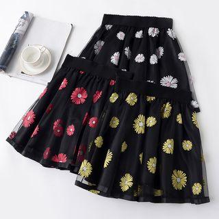 Flower Print Mesh A-line Skirt