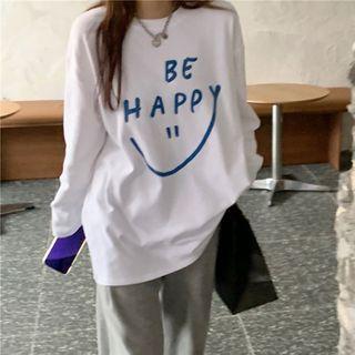 Long Sleeve Round Neck Printed Sweatshirt White - One Size