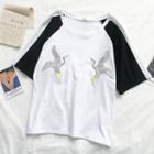 Two-tone Crane Embroidered Elbow-sleeve T-shirt