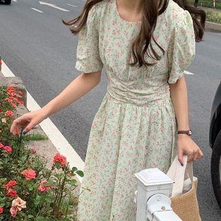 Puff-sleeve Floral Print Midi A-line Dress Floral - Pink & Green - One Size