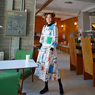 Contrast-pocket Printed Long Pleated Dress