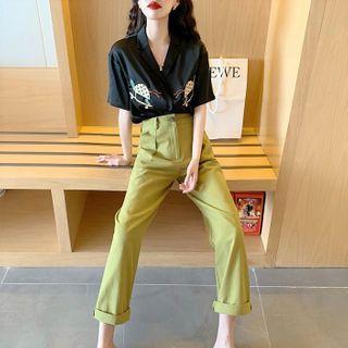 Embroidered Short-sleeve Shirt / Wide Leg Pants