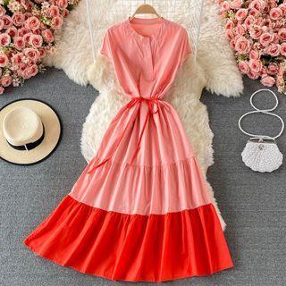 Color-block Short-sleeve Dress With Sash