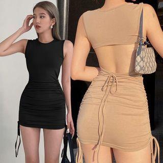 Sleeveless Plain Drawstring Open-back Tie-strap Shaping Dress