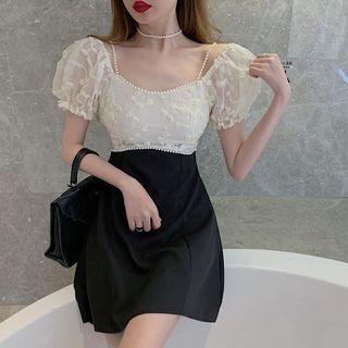 Mock Two-piece Puff-sleeve Lace Panel Mini A-line Dress