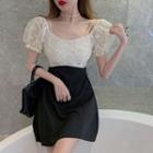 Mock Two-piece Puff-sleeve Lace Panel Mini A-line Dress