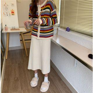 Set: Striped Cardigan + Midi A-line Ribbed Knit Skirt