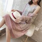 Set: Gradient Color Cardigan + V-neck Knit Tank Dress Set - Cardigan - Pink - One Size / Tank Dress - Pink - One Size