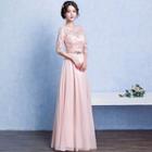 Elbow-sleeve Lace-panel Wing-belt Evening Gown