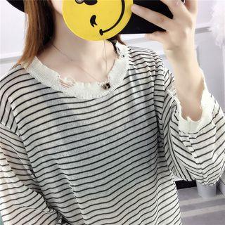 Striped Distressed Long-sleeve Knit Top