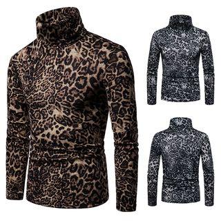 Mock Neck Leopard Patterned Long-sleeve Knit Top