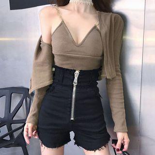 Deep V-neck Camisole Top / Cropped Cardigan / High-waist Shorts / Set