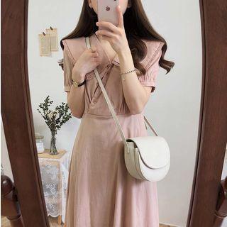 Lace Trim Collared Short-sleeve Midi A-line Dress