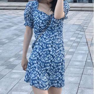 Short Sleeve Square Neck Floral Print A-line Dress