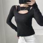 Mock Two-piece Long-sleeve Cutout Ribbed T-shirt