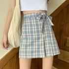 Tie-waist Plaid Pleated Mini A-line Skirt