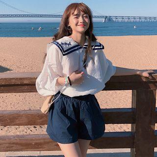 Elbow-sleeve Sailor-collar Shirt / High-waist Shorts