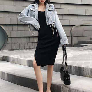 Buttoned Denim Jacket / Spaghetti Strap Dress