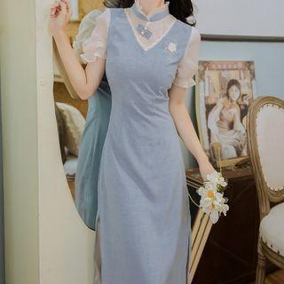 Short-sleeve Mesh Panel Frill Trim Midi Qipao Dress