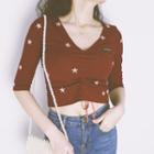 Flower Embroidered Drawstring Elbow-sleeve T-shirt