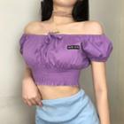 Puff-sleeve Lettering Embroidered Crop Top