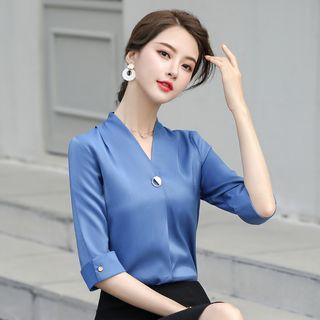 V-neck Blouse / Ruffle Hem Pencil Skirt / Dress Pants / Set
