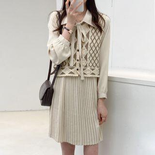 Bow-neck Pleated Mini A-line Dress / Crochet Button-up Vest