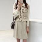 Bow-neck Pleated Mini A-line Dress / Crochet Button-up Vest