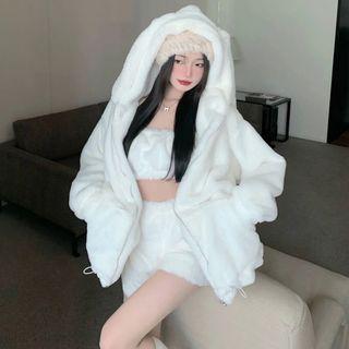 Hooded Zip-up Fleece Jacket / Shorts / Strapless Top / Set
