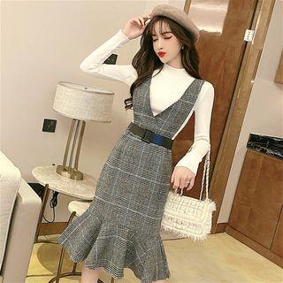 Long-sleeve Knit Top / Plaid Ruffle Hem Midi Pinafore Dress / Set