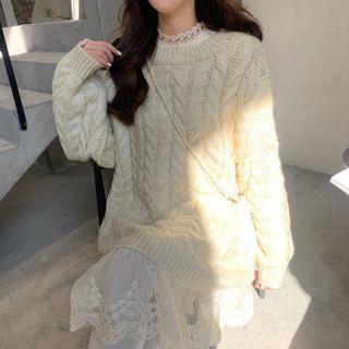 Set: Cable Knit Sweater + Long-sleeve A-line Lace Dress Set - Almond - One Size