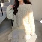 Set: Cable Knit Sweater + Long-sleeve A-line Lace Dress Set - Almond - One Size