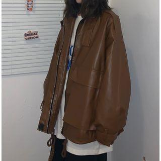 Vintage Faux Leather Drawstring Jacket