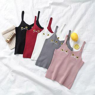 Cat Embroidered Knit Camisole Top