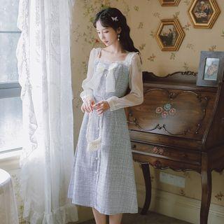 Mesh Panel Bow Accent Long-sleeve Dress