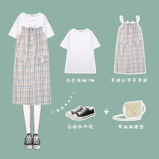 Short-sleeve Plain T-shirt / Plaid Midi Pinafore Dress