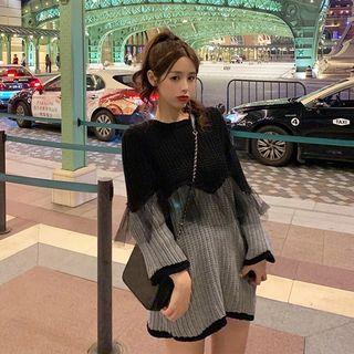 Two-tone Mesh Ruffle Sweater Black & Gray - One Size