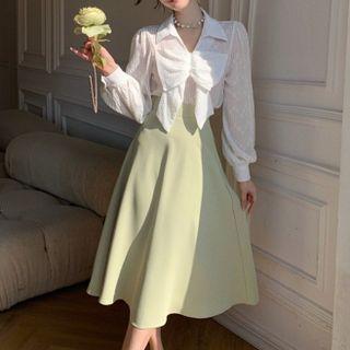 Long-sleeve Bow Accent Shirt / High-waist Plain A-line Midi Skirt