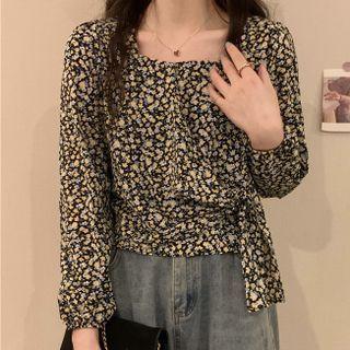 Long-sleeve Floral Lace-up Chiffon Blouse