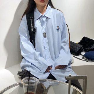 Long-sleeve Cartoon Embroidered Shirt Bear - Blue - One Size