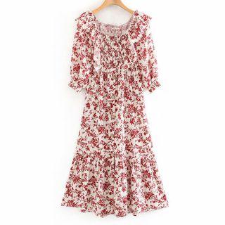 Floral Print Elbow-sleeve Maxi A-line Dress
