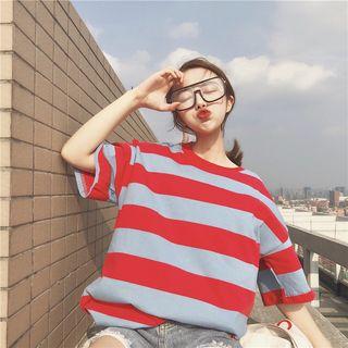 Elbow-sleeve Striped Oversized Top