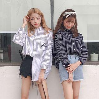 Long Sleeve Cutout Back Embroidered Stripe Shirt