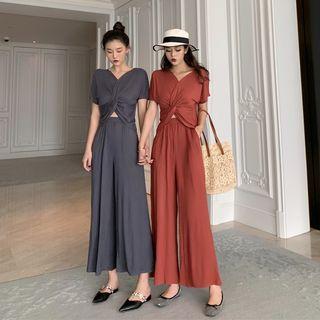 Set: Short-sleeve Knotted Knit Top + Wide-leg Pants