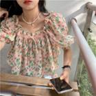 Puff-sleeve Floral Drawstring Shirred Blouse