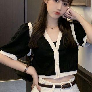Color Panel Buttoned Short Sleeve Top