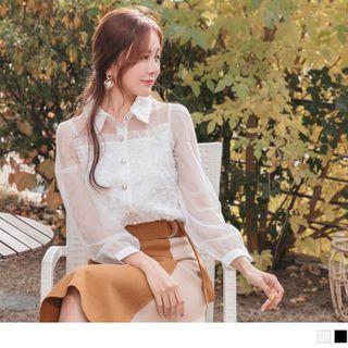 Mesh Panel Beaded Button Lace Shirt